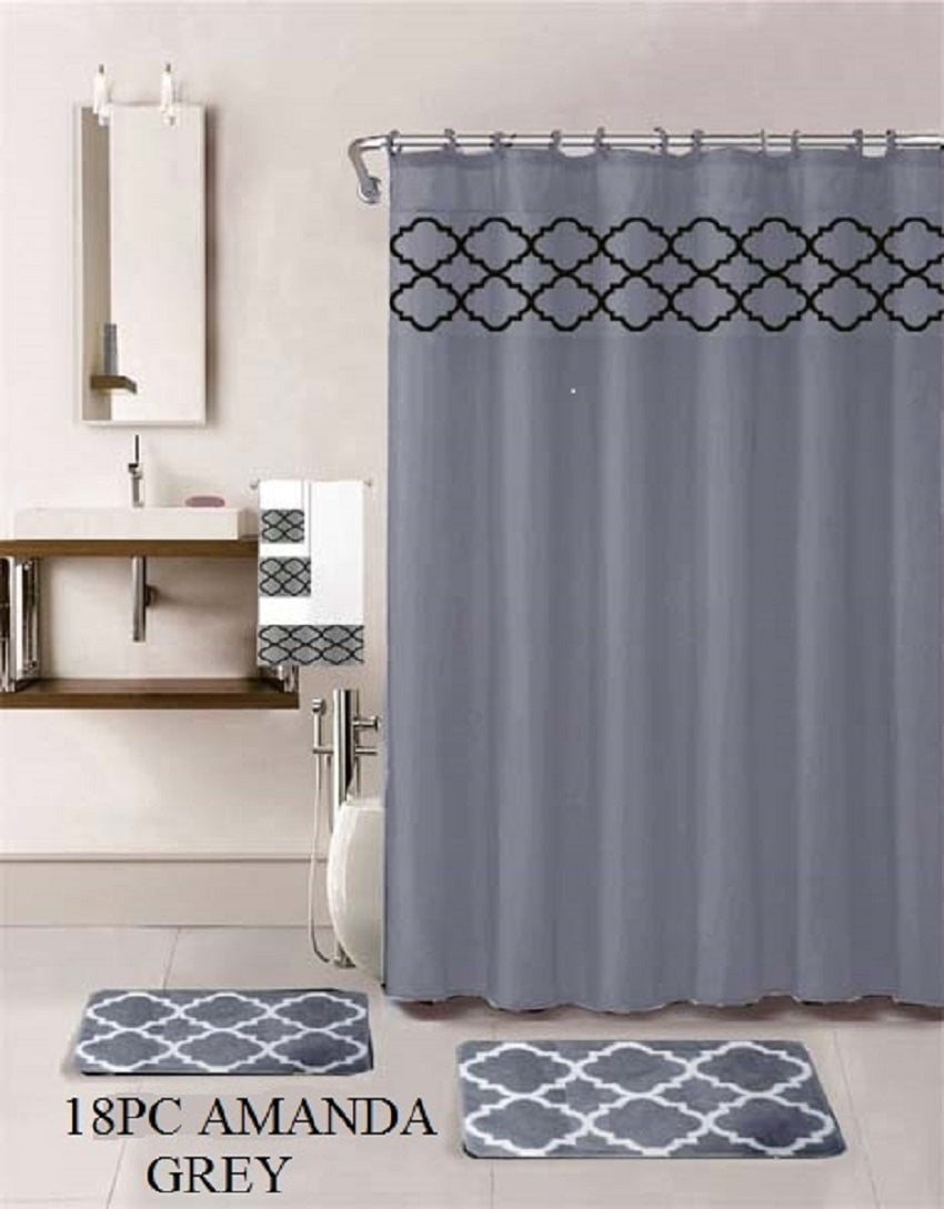 18 Piece Bath Rug Set Grey Geometric Desin print bathroom rugs shower