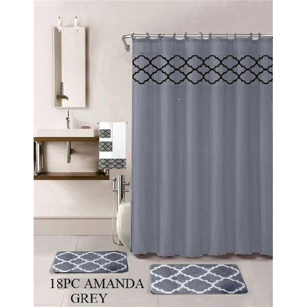 18 Piece Bath Rug Set Grey Geometric Desin Print Bathroom Rugs Shower Curtain Rings And Towels Sets Amanda Gray Walmart Com Walmart Com