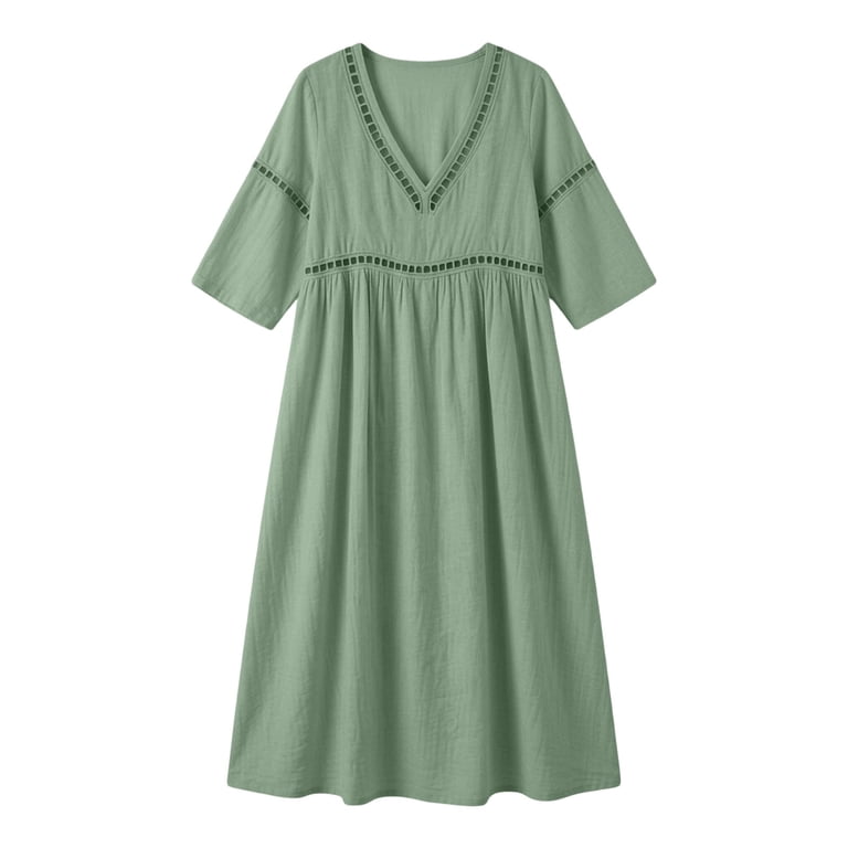 casual summer house dresses nerohusy Maxi Dress for Women Cotton 3/4 Sleeve Lace Patch Loose Fit House  Dresses Summer Casual Flowy A Line Beach Boho Sundress Green,S