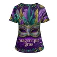thumbnail image 3 of Mardi Gras Scrub Tops for Women Mask Print V Neck Glitter Scrubs Sequins Carnival Short Sleeve Nursing Uniform with Pockets Green S, 3 of 4