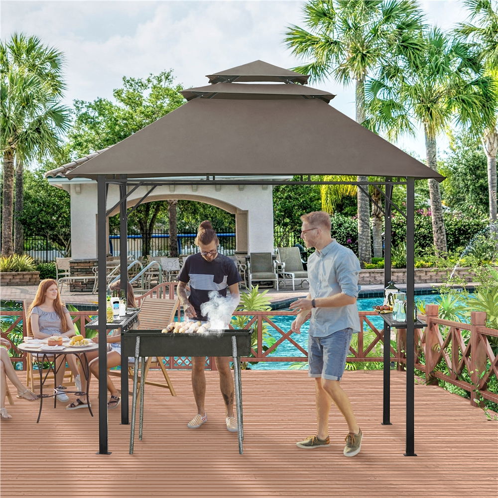 Alden Design 8*5 FT Grill BBQ Gazebo with Height-adjustable Shelves & 10 S-shaped Hooks for Outdoor, Brown