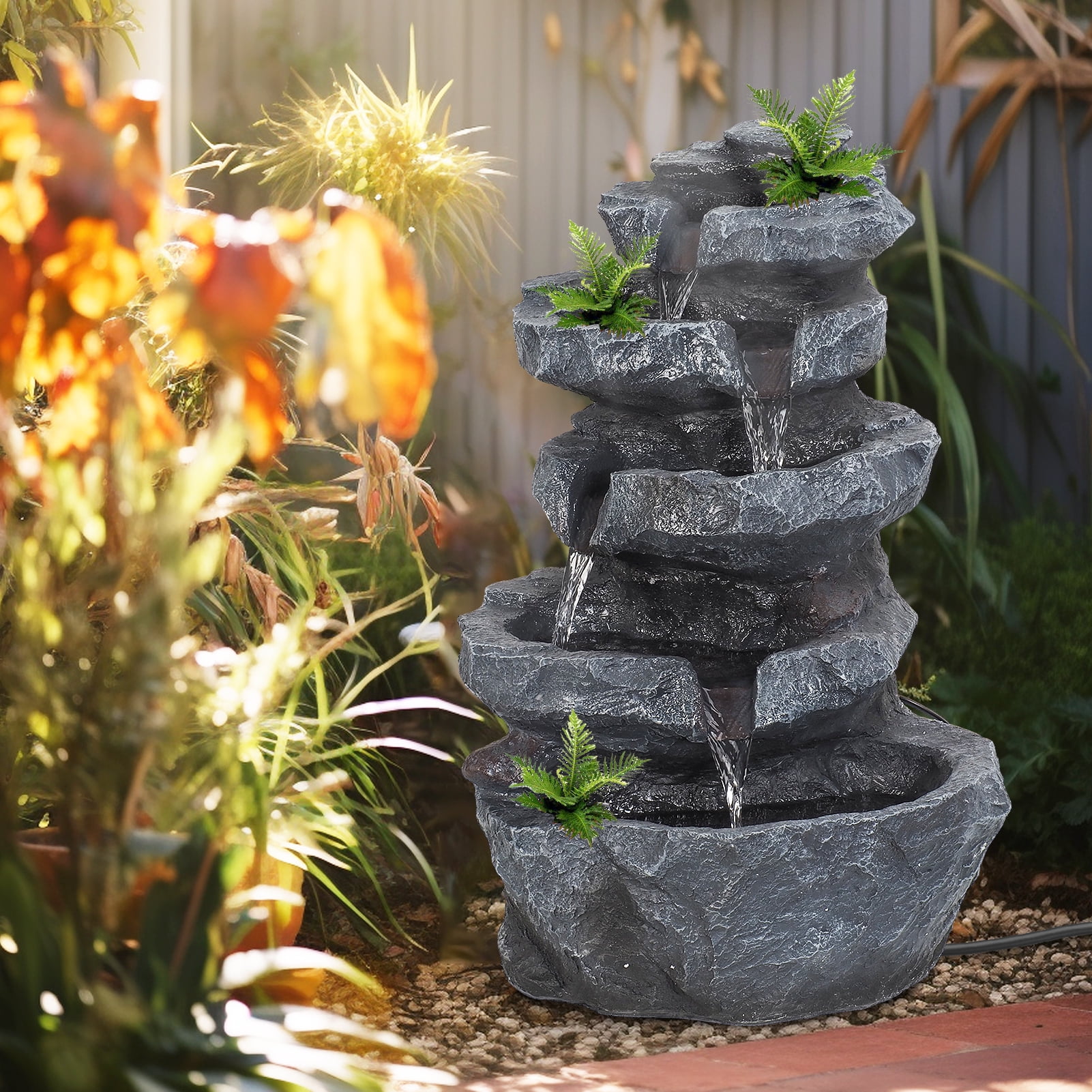 5-Tiered Cascading Rock, 22" High Outdoor Garden Waterfall with LED Lights And Pump, Resin Water Fountain for Garden, Patio, Yard, Deck Decor