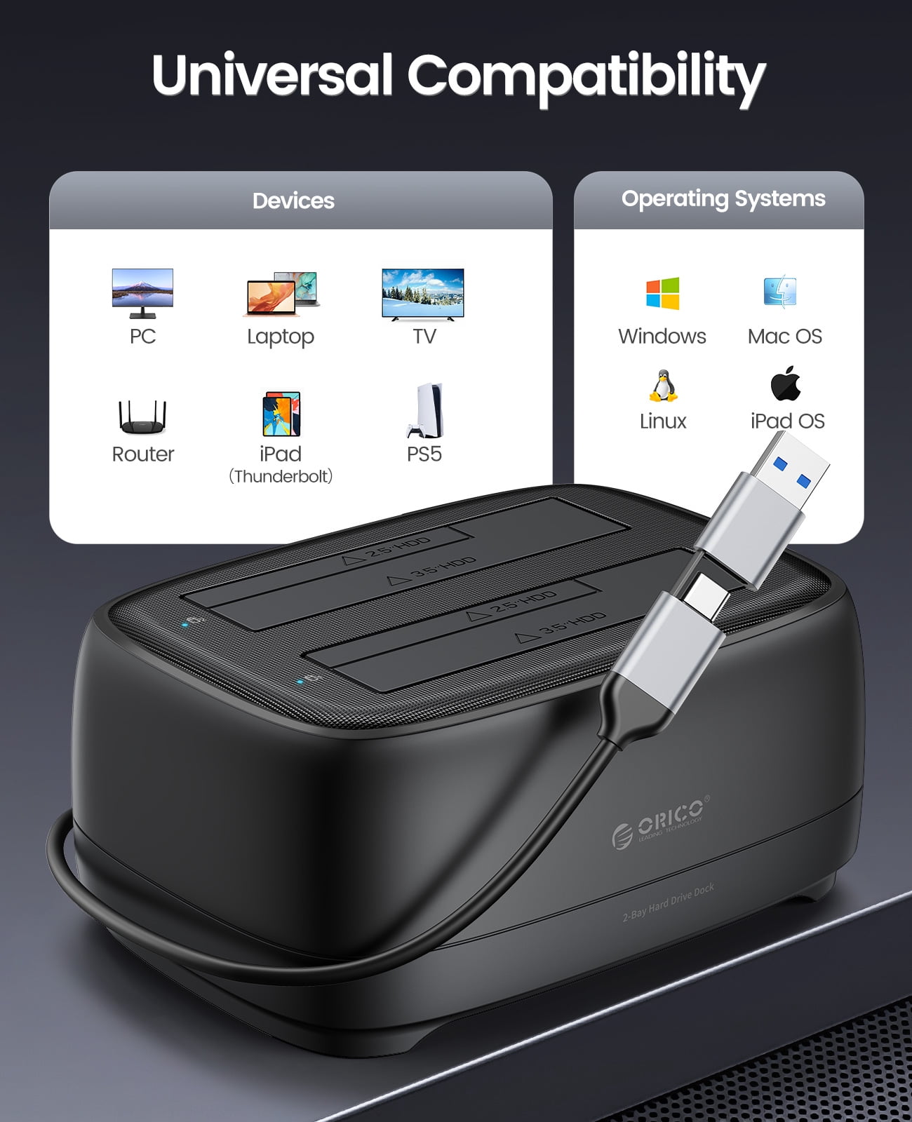 ORICO Hard Drive Docking Station with Offline Clone USB 3.2 Gen 1 to SATA Hard Drive Dock Dual Bay for 2.5&3.5 Inch SSD HDD Up to 40 TB with 12V Power Supply, Tool-Free and UASP Supported