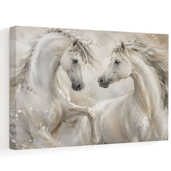 White Horse Canvas Wall Art, Rustic Vintage Silver Wildlife Oil Painting Texture Wall Art Prints Artwork Framed Canvas Ready to Hang Art Pictures for Bathroom, Dressing Table, Entryway 12" x 8"