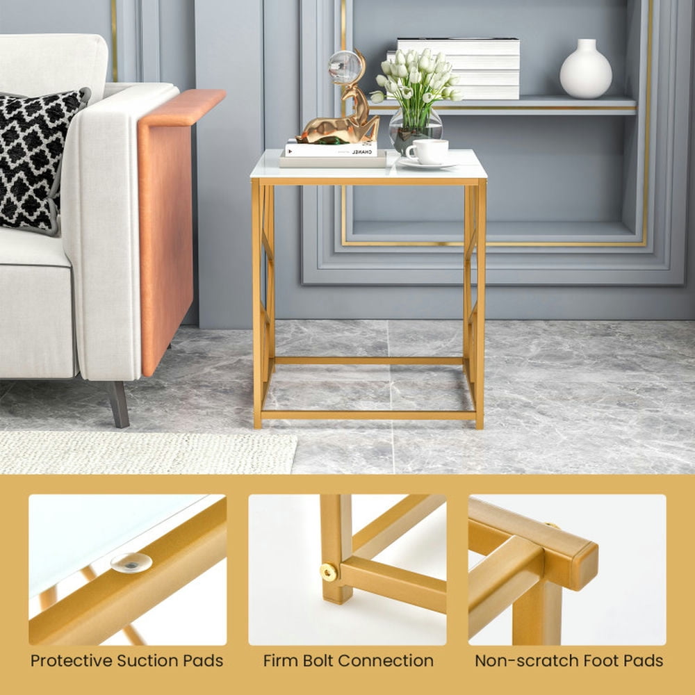 Finihen End Table, Tempered Glass End Table, Square End Table with Tempered Glass Tabletop and Gold Finish Geometric Frame, for Living Room, Bedroom, White & Gold Finihen End Table, Tempered Glass End Table, Square End Table with Tempered Glass Tabletop and Gold Finish Geometric Frame, for Living Room, Bedroom, White & Gold