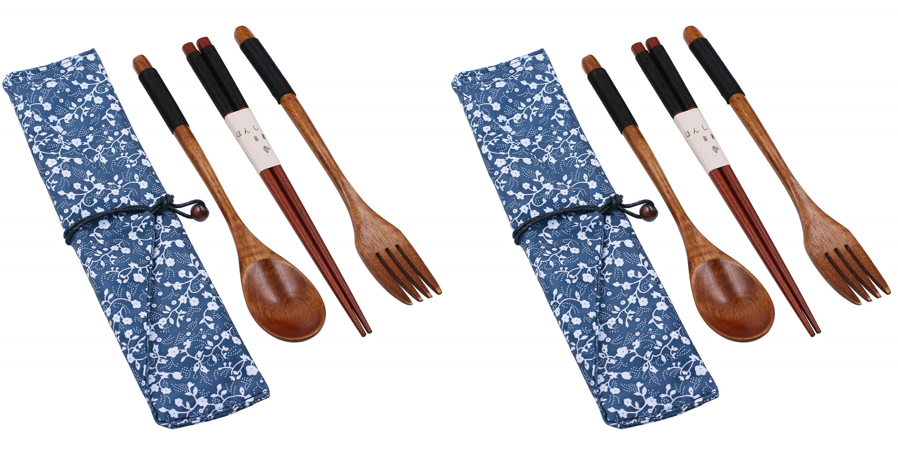 8 Piece Wooden Flatware Tableware Set, Forks Spoons Chopsticks and