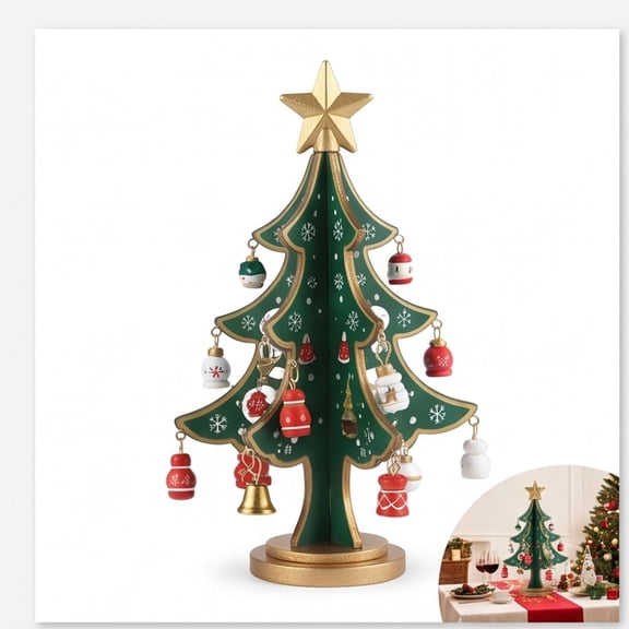 Desk Christmas Tree Decoration DIY Wooden Tabletop Tree, 3D Mini Holiday Centerpiece with Star Topper & Mini Ornaments, Festive Decor for Home Office Shelf (Green, 7.2x8.7 Inch)