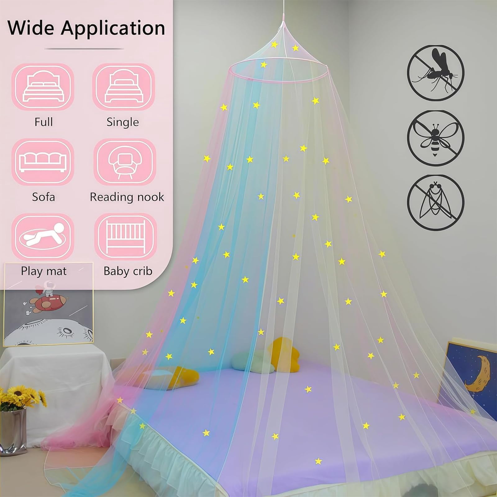 Rainbow Bed For With Glowing Stars  Colorful Princess Curtains Full And Queen Sizes Mosquito Netting Ceiling Tent Bedroom Decor