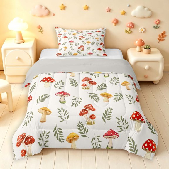 Homewish Watercolor Plant Mushrooms Twin Comforter Sets,Botanical Fungi Bedding Set,White Red,Light Gray Reversible,2pcs,1 Comforter and 1 Pillowcase