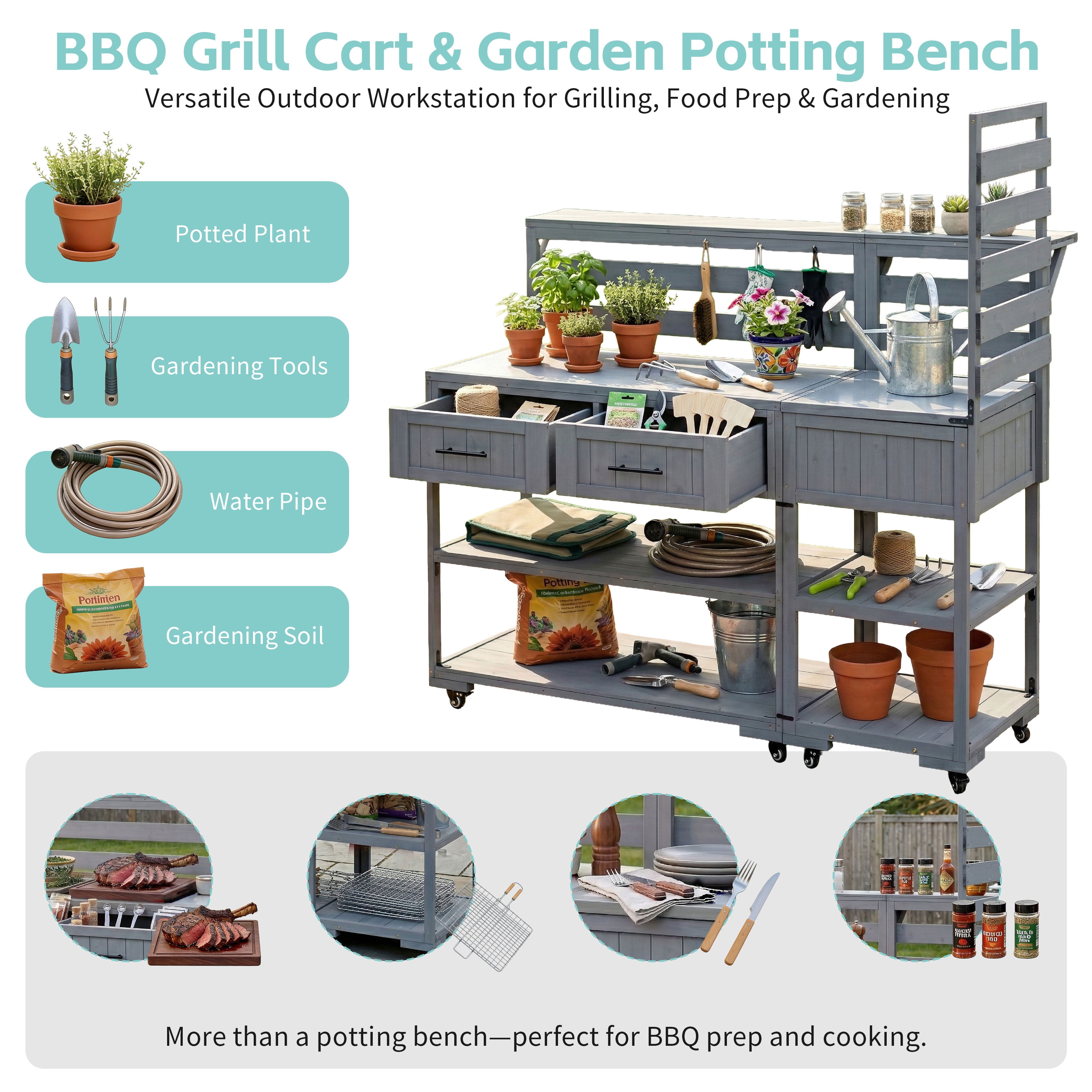 Mintazer 62.3" Patio Kitchen Island Cart with Raised Shelf and Drawers, 2-in-1 Outdoor BBQ Grill Cart & Garden Potting Bench, Rolling Workstation with Stainless Steel Top, Gray