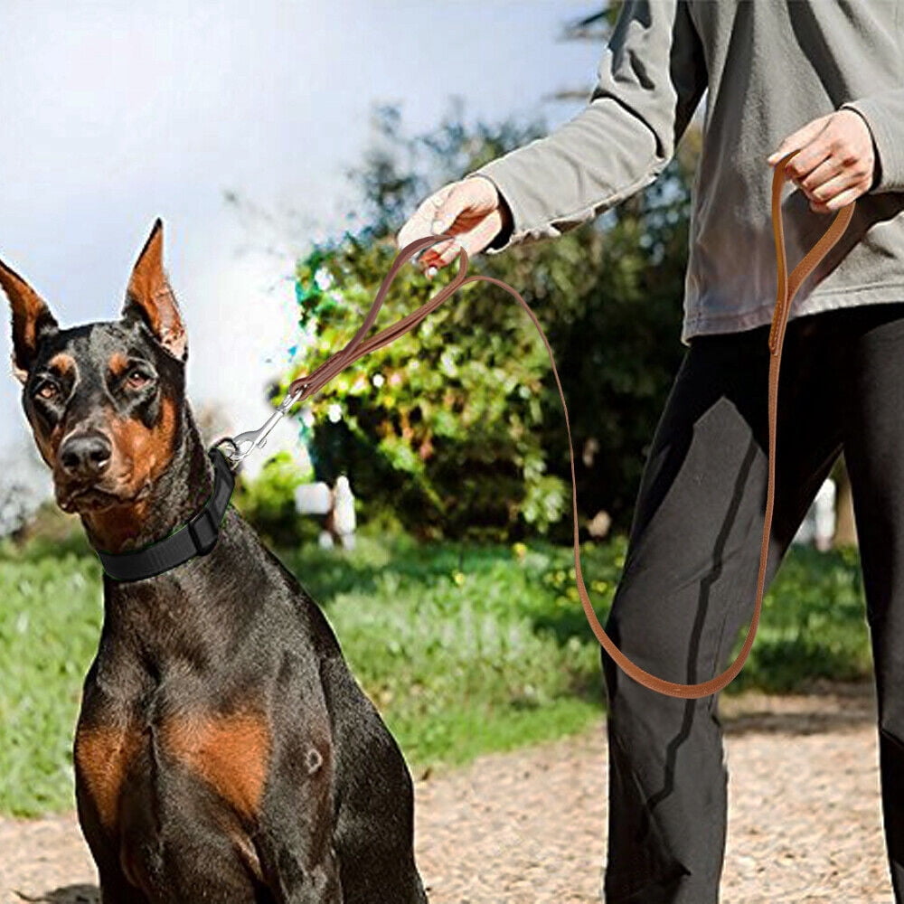 Wide Thick Genuine Leather Dog Leash with Dual Handle Pet Traffic Leashes for Large Dogs