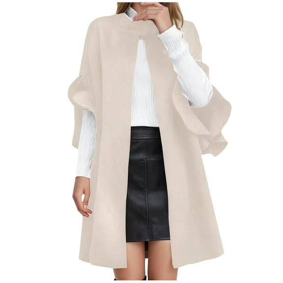 LEBONYARD Women's Fashion Turn Down Collar Wool Solid Color Long Length Loose Fitting Elbow Length Sleeve Cardign Trench Coat Casual Flap Pocket Coat