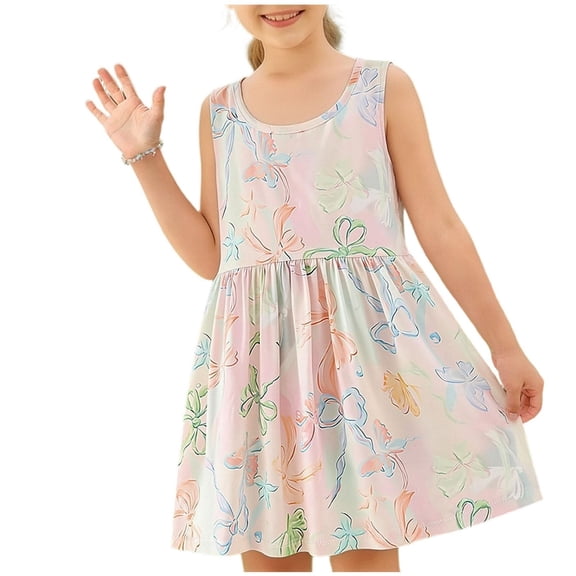NAISIBABY Girls Sleeveless Dresses, Crewneck Cute Prints Summer Casual Kids Play Dress Pink Size 7-8