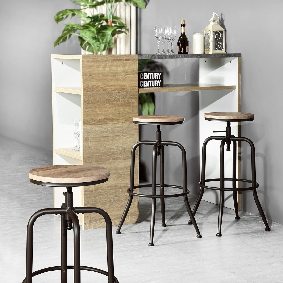 Kepooman 27" Industrial Vintage Bar Stools Set of 2, Counter Height Leather Bar Stools, Metal Frame Wooden Top Stool