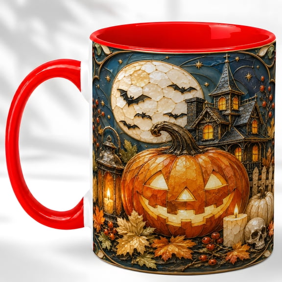 Jack-o-Lantern Coffee Mug, Haunted House Mug, Ceramic 11 oz