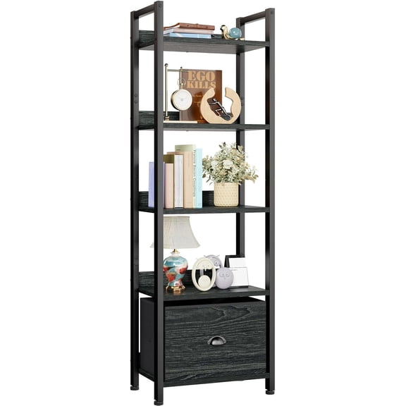 5 Tier Bookshelf with Drawer, Tall Narrow Bookcase with Shelves, Wood and Metal Bookshelves Storage Organizer, Industrial Display Standing Shelf Unit for Bedroom, Living Room