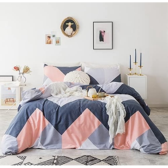 Pink Blue Duvet Cover Queen 100% Cotton 3 Pcs Set 1 Modern Navy Geometric Duvet Cover with Zipper Ties 2 Pillowcases Farmhouse Grey Peach Chevron Striped Bedding Set Soft