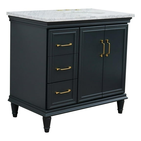 37 in. Single Wooden Vanity  Dark Gray White Carrara Oval Right Door.Right Sink