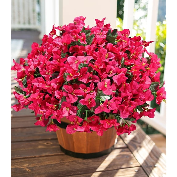 Fake Bougainvillea Artificial Flowers for Outdoors Spring Decor, 4 Bundles Outdoor Bougainvillea Silk Flowers for Outside Faux Plants UV Resistant Realistic for Planter Patio Porch Garden, Hotpink