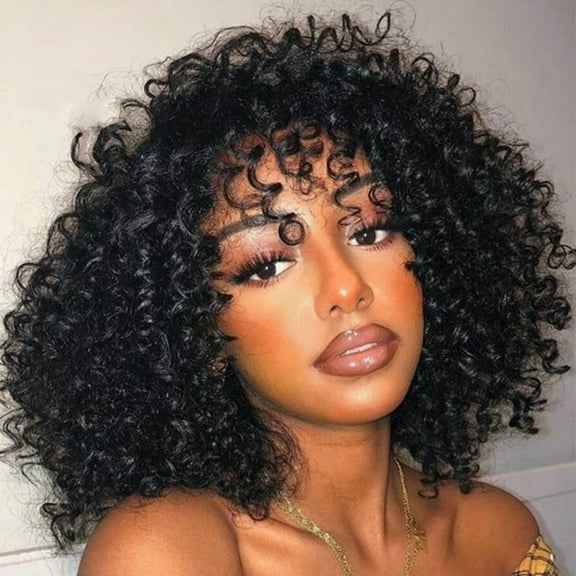 Black Curly Wigs for Black Women Short Kinky Curly with Bangs Synthetic Fiber Glueless Long Kinky Curly Hair 14 inch (Black) Black