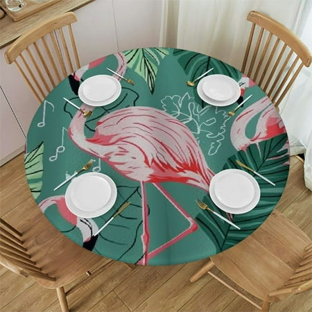 

Sheronv Flamingo Palm Leaves Kitsch Movement Round Table Cover Stain Resistant Washable Indoor Outdoor Tablecloth Kitchen Dining Wedding Parties 100% Polyester Fiber 31-35