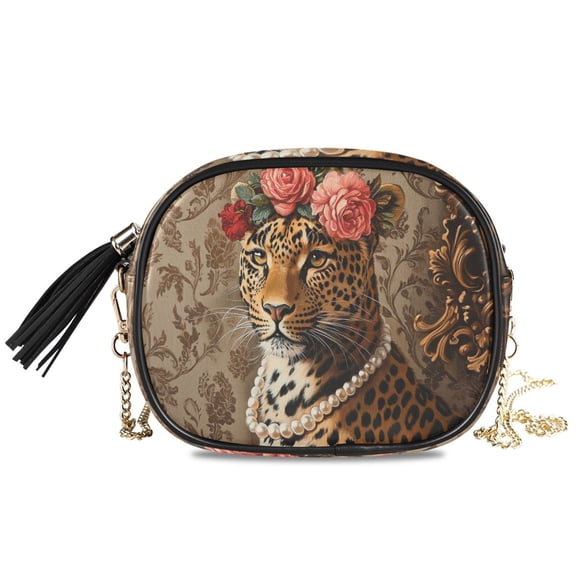 Womens Casual Chain Shoulder Bag Simple style Leopard with Flowers and Pearls Crossbody Bag