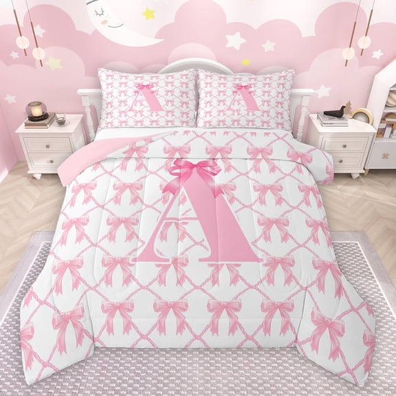 jejeloiu Letter A Monogrammed Bedding Comforter Set,Cartoon Bow Tie Twin Comforter Sets,Pink Bowtie Ribbon Bedding Set For Girls,Microfiber Room Decorative Reversible,2 Pieces