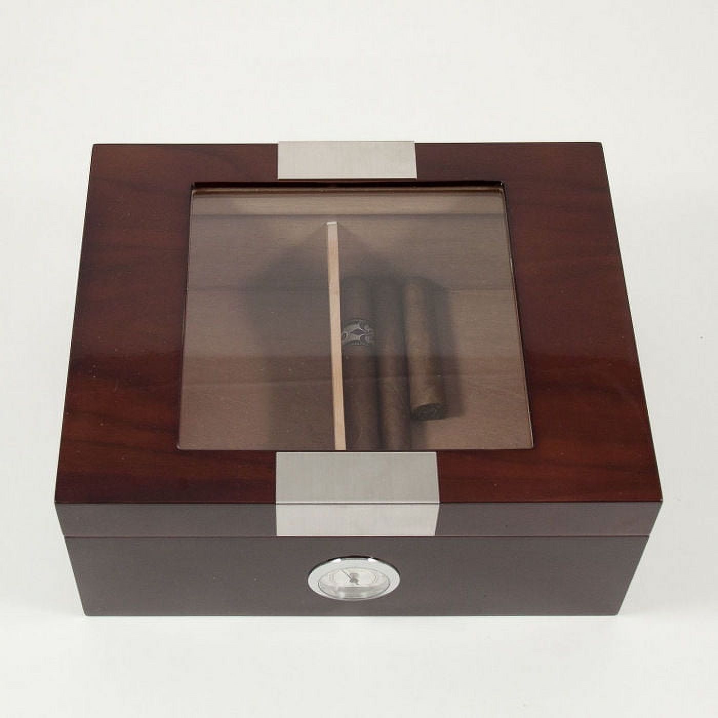 Bey-Berk International C411 Lacquered Cigar Humidor with Spanish Cedar Lining & Glass See-thru Lid - Walnut Wood