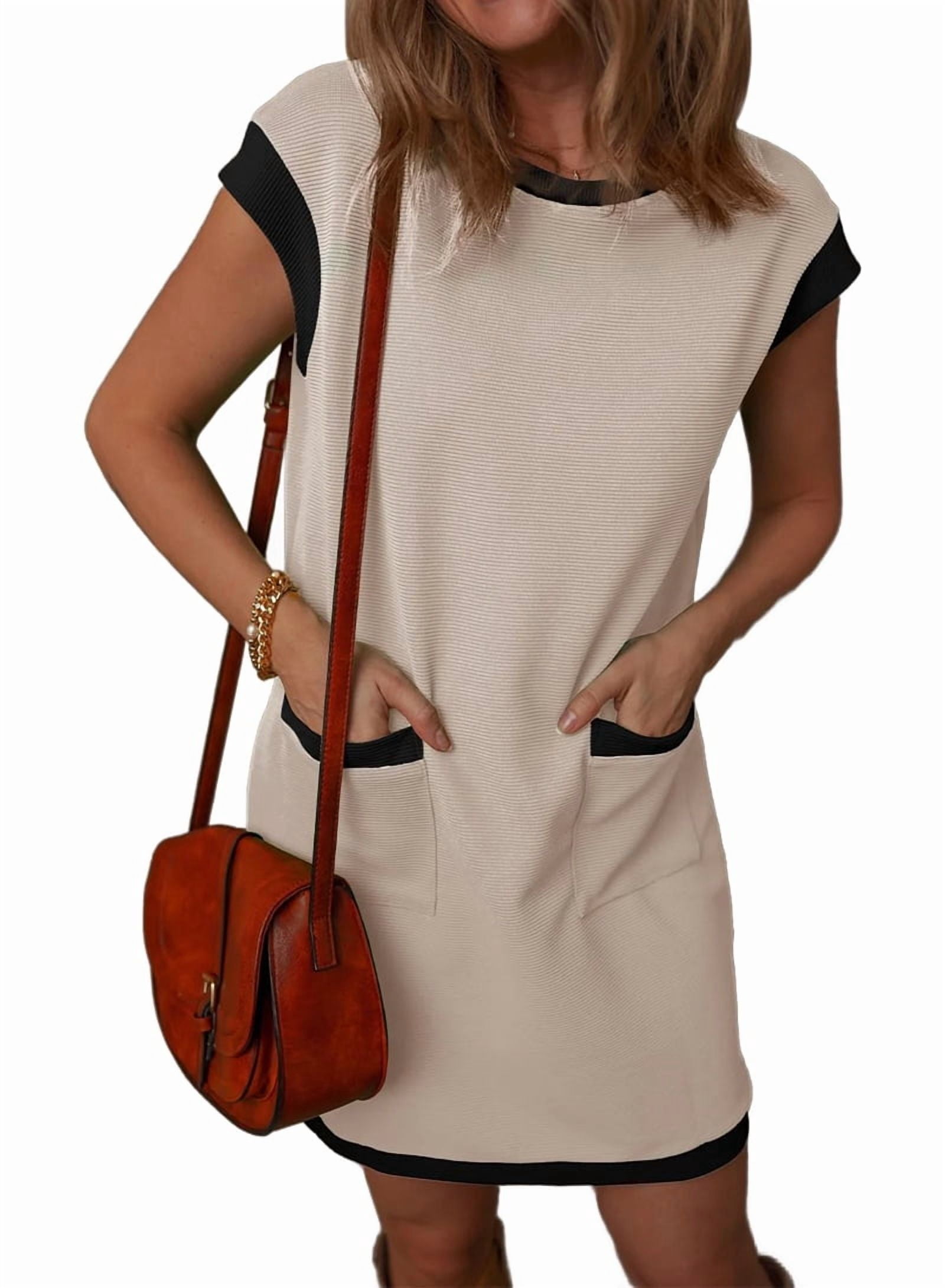 Women'S Casual Summer Dresses Fashion Cap Sleeve Color Block Crewneck Shift Tshirt Mini Dress Apricot S