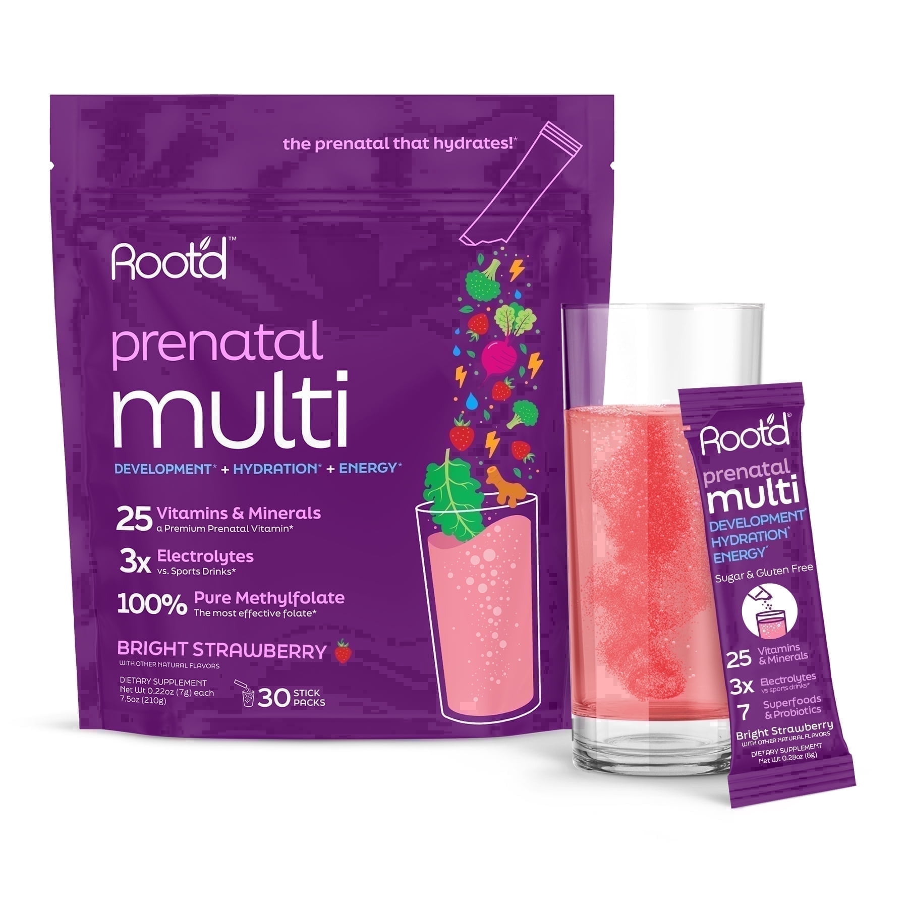 Root'd Prenatal Multivitamin Powder - 25 Vitamins & Minerals with 3x Electrolytes, Folate, Iron, D3 for Mom & Baby, 7 Superfood & Probiotics, Sugar-Free Vitamins & Hydration | 30 Vitamin Drink Packet