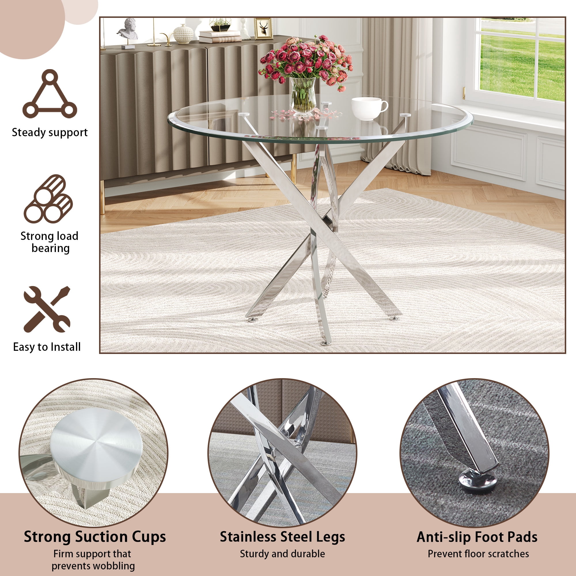 36" Round Glass Dining Table with Stainless Steel Legs, Modern Small Kitchen Table with Tempered Glass Top for Dining Room, Apartment, Kitchen