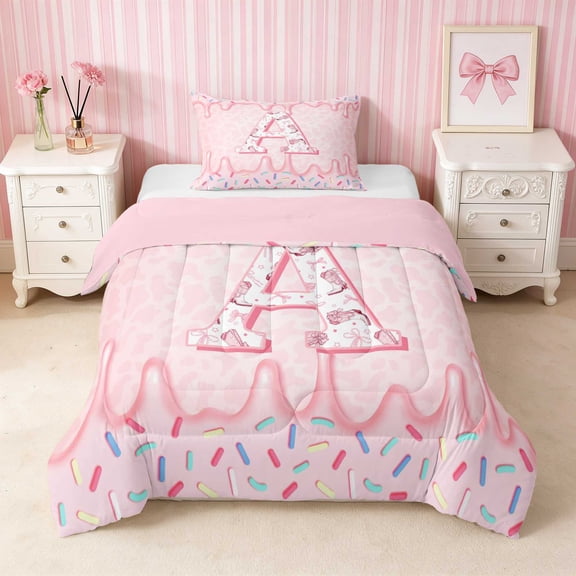 Erosebridal Pink Cowgirl Boot Letter Bow Twin Comforter Sets for Girls, Western Drip Star Alphabet Bedding Set, Pink Reversible 2 Pieces 1 Comforter and 1 Pillowcase