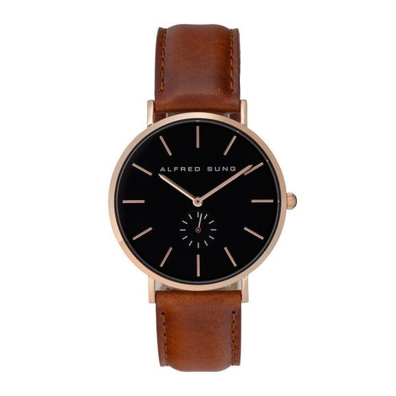 Alfred Sung Men's Henley Rose Gold Black Dial Leather Watch