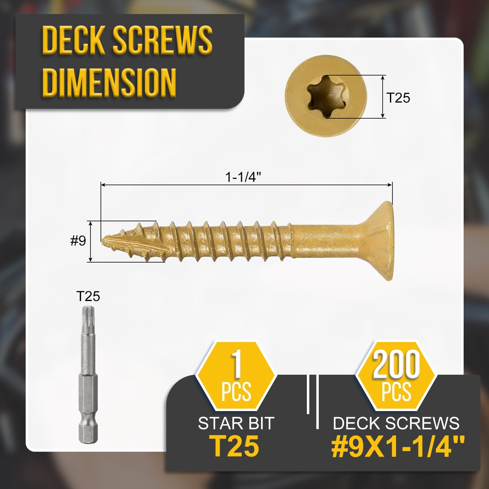 #9x1-1/4"  Deck Screws - 200Pack - Good for Decks, Fences, Frames, Farms, Outdoor Furniture - Carbon Steel Wood Screws W/ T25 Torx Star Drive Bit - Tan