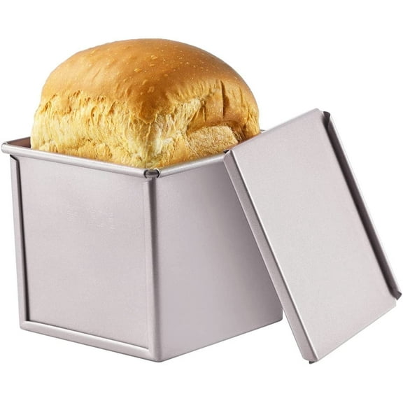 CHEFMADE Mini Pullman Loaf Pan with Lid, 0.55Lb Dough Capacity Non-Stick Rectangle Flat Toast Box for Oven Baking 3.9" x 3.9"x 3.9"(Champagne Gold)