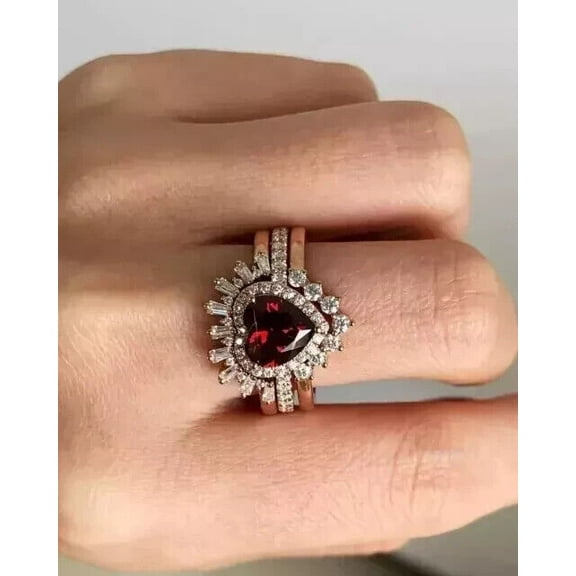 3.10Ct Heart Cut Simulated Rad Garnet Women's Trio Set Wedding Ring 14K Yellow Gold Plated