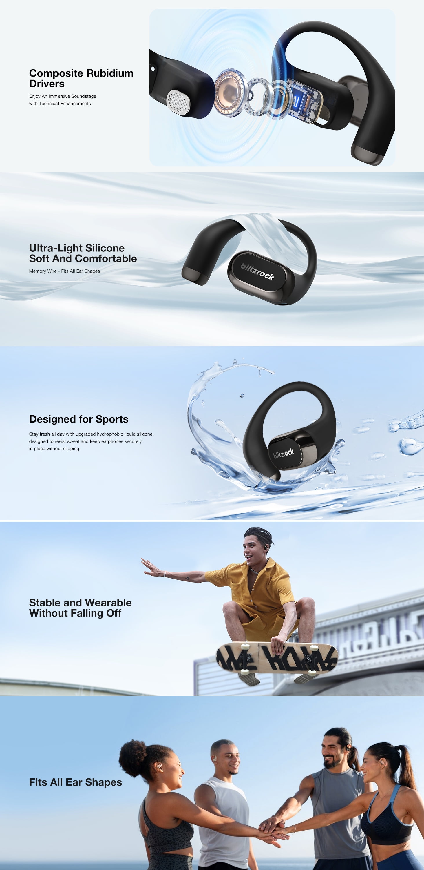 BlitzMax Open Ear Wireless Earbuds for iPhone & Android, Support APP, bluetooth V5.4 Wireless Earbuds, IPX5 Waterproof Sport Earphone