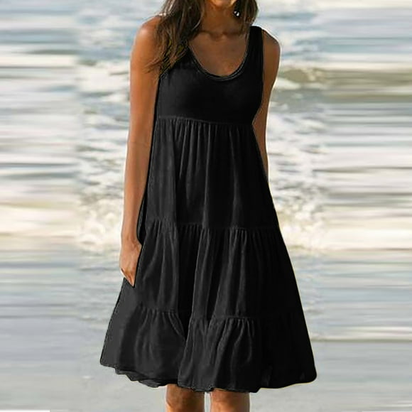 zanvin Femmes Plus Size Summer Dresses Fashion Vacances Couleur Unie Sans Manches Plage Dress Mignon Cadeaux sur l'Autorisation, Noir