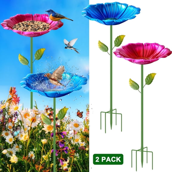 Yalumo 31.5" Bird Bath for Outside, 2 Pack Metal Bird Bath for Outdoors with Detachable Stake and 5-Pronged Base, Vintage Freestanding Flower Shape Bowl Birdbaths Birdfeeder for Garden Yard Lawn