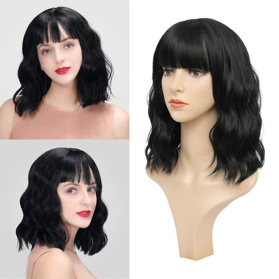 SUCS Hair Synthetic Curly Bob Wig with Bangs Short Wavy Hair for Women Bob Style Heat Resistant Colored Wigs