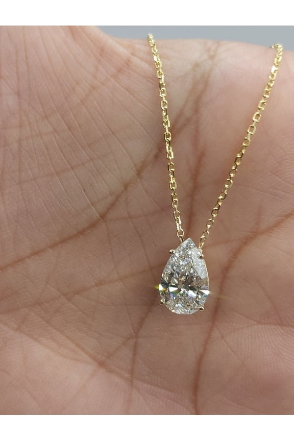 2 Ct Moissanite Diamond Necklace, 14K Gold plated Solitaire Pendant, Attached On Chain, Teardrop Diamond Necklace