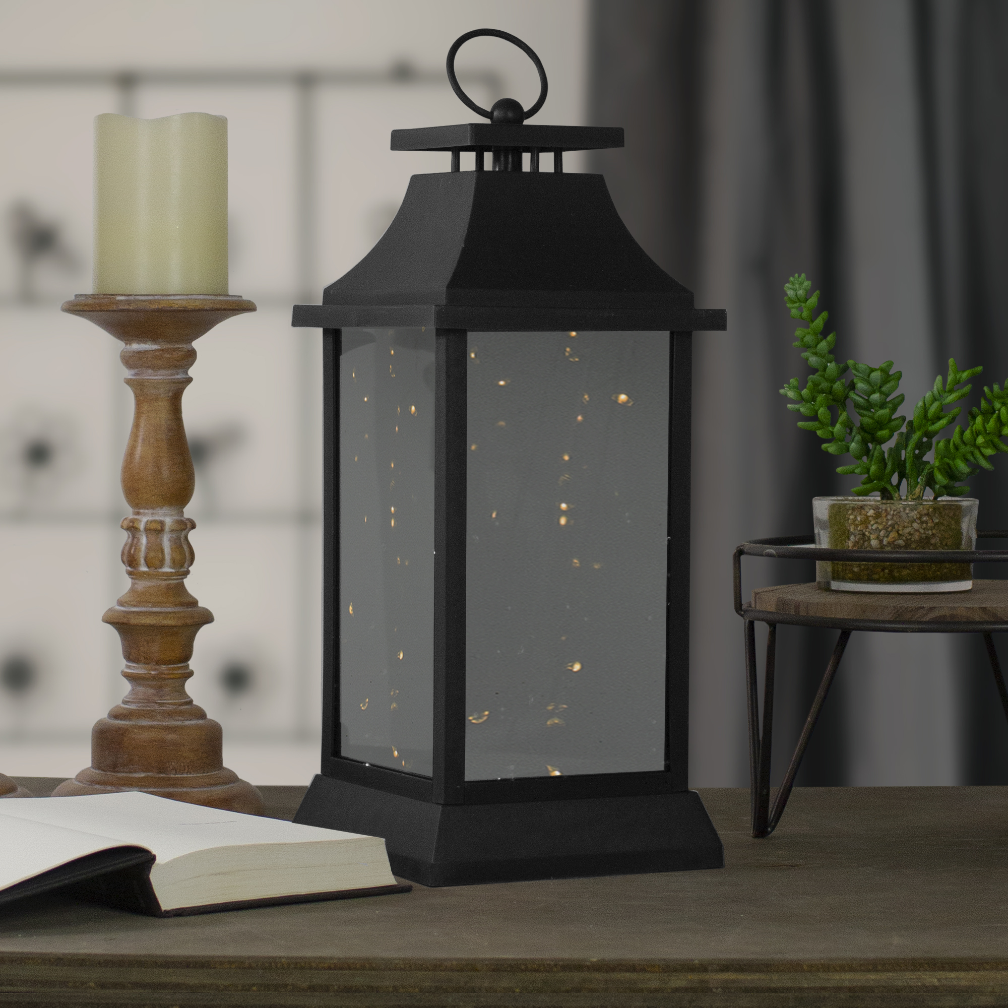 Christmas 23.4 in Black Plastic LED Pillar Candle Lantern Battery Operated,  Single Pack, by Holiday Time 