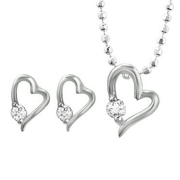 Sterling Silver Ladies Matching Heart Pendant & Earrings With White CZ Cubic Zirconia Set