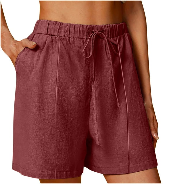 Annhoo Womens Plus Size Cotton Linen Shorts High Waisted Drawstring Wide Leg Solid Comfy Casual Shorts with Pockets
