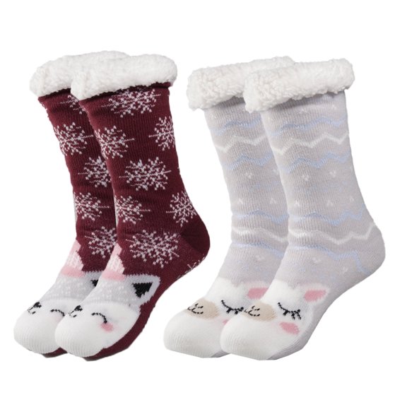 Treehouse Knit (2 Pack) Colorful Womens Thick Knit Winter Sherpa Fleece Slipper Socks Grippers