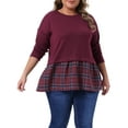 thumbnail image 1 of Tops de mujer plus size Agnes Orinda, blusa básica de manga larga con cuello redondo, peplum de patchwork a cuadros, color burdeos, talla 4X, 1 of 6