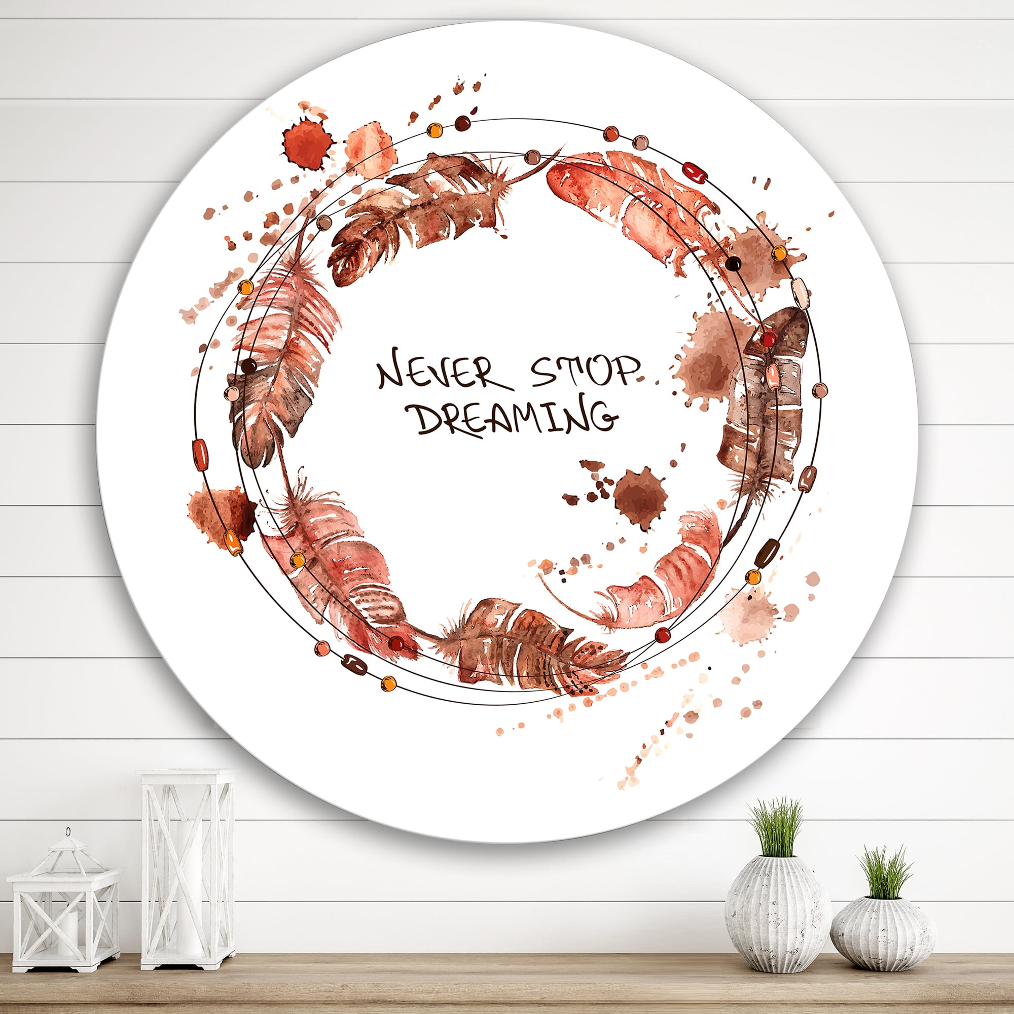 Designart 'Impression Of Bird Feathers Wreath' Traditional Circle Metal Wall Art 29x29 - Disc of 29
