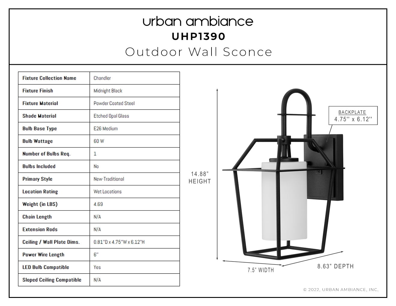Luxury Minimalist Wall Sconce, 14.875H x 7.5W, with Modern Style, Midnight Black, UHP1390 by Urban Ambiance