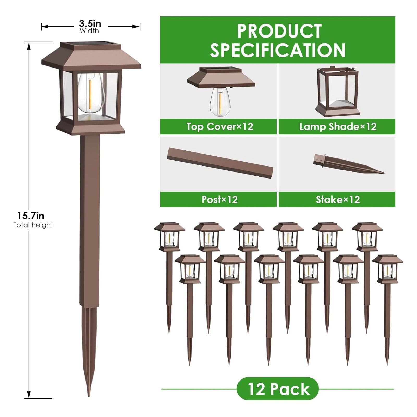HOODINK 12 Pack Solar Lights Outdoor Waterproof, Upgraded LED Solar Pathway Lights, Garden Lights for Driveway, Landscape, Walkway, Yard, Lawn, Brown