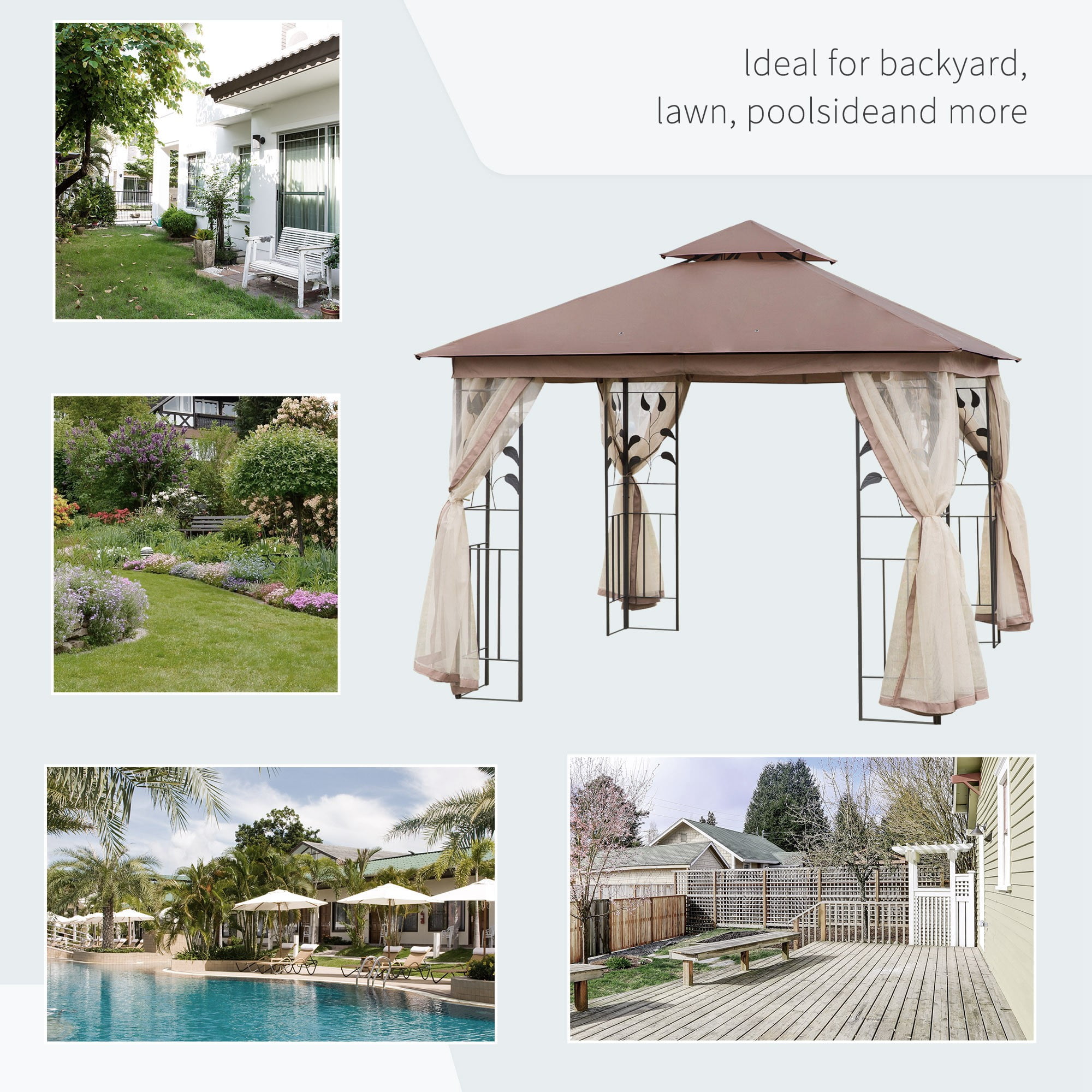 Outsunny 10' x 10' Outdoor Patio Gazebo Canopy with 2-Tier Polyester Roof, Netting, Curtain Sidewalls, and Steel Frame, Brown